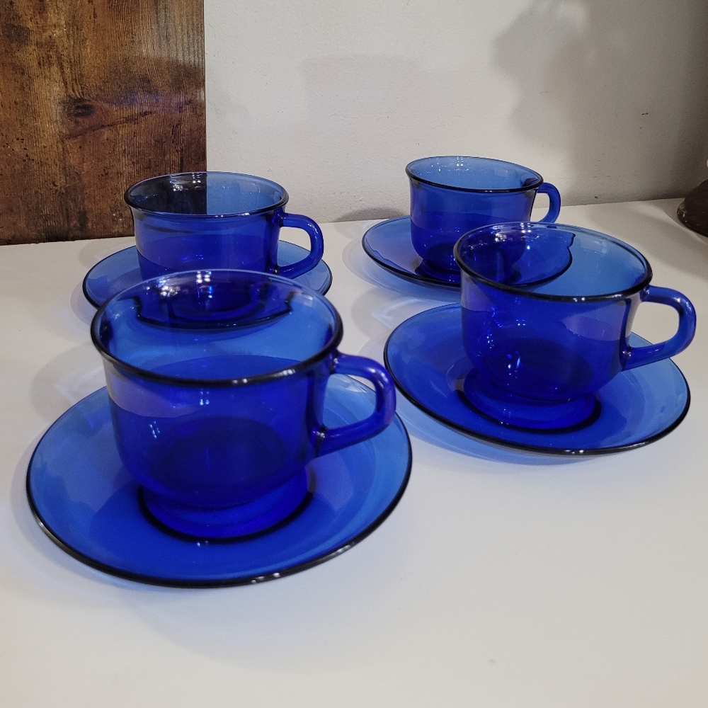 Vintage Arcoroc Cobalt Blue Glass Cup and Saucer Set - 4pc